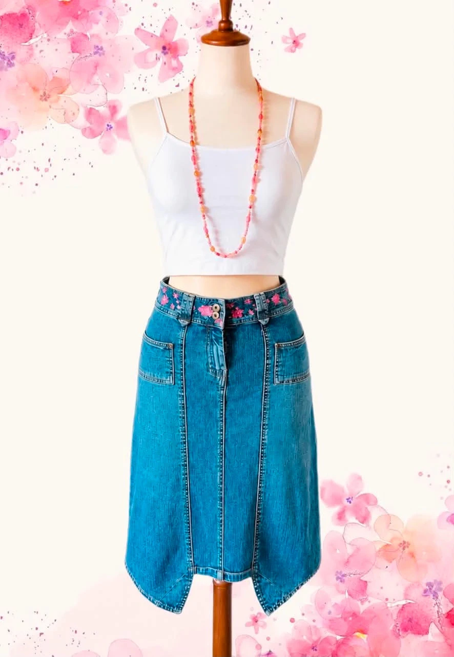 🦋Jupe en jean brodée vintage 2000 Y2K boho folk hippie cottage floral embroidery denim skirt 34/36🌸